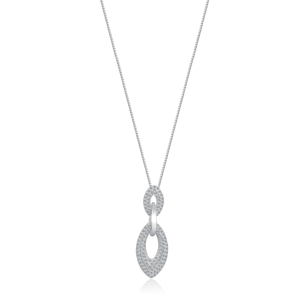 Tri Link Drop Pave CZ Pendant Necklace